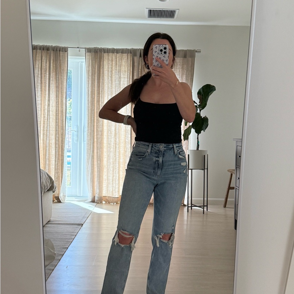 PAIGE Light Blue Distressed Straight Leg Jeans